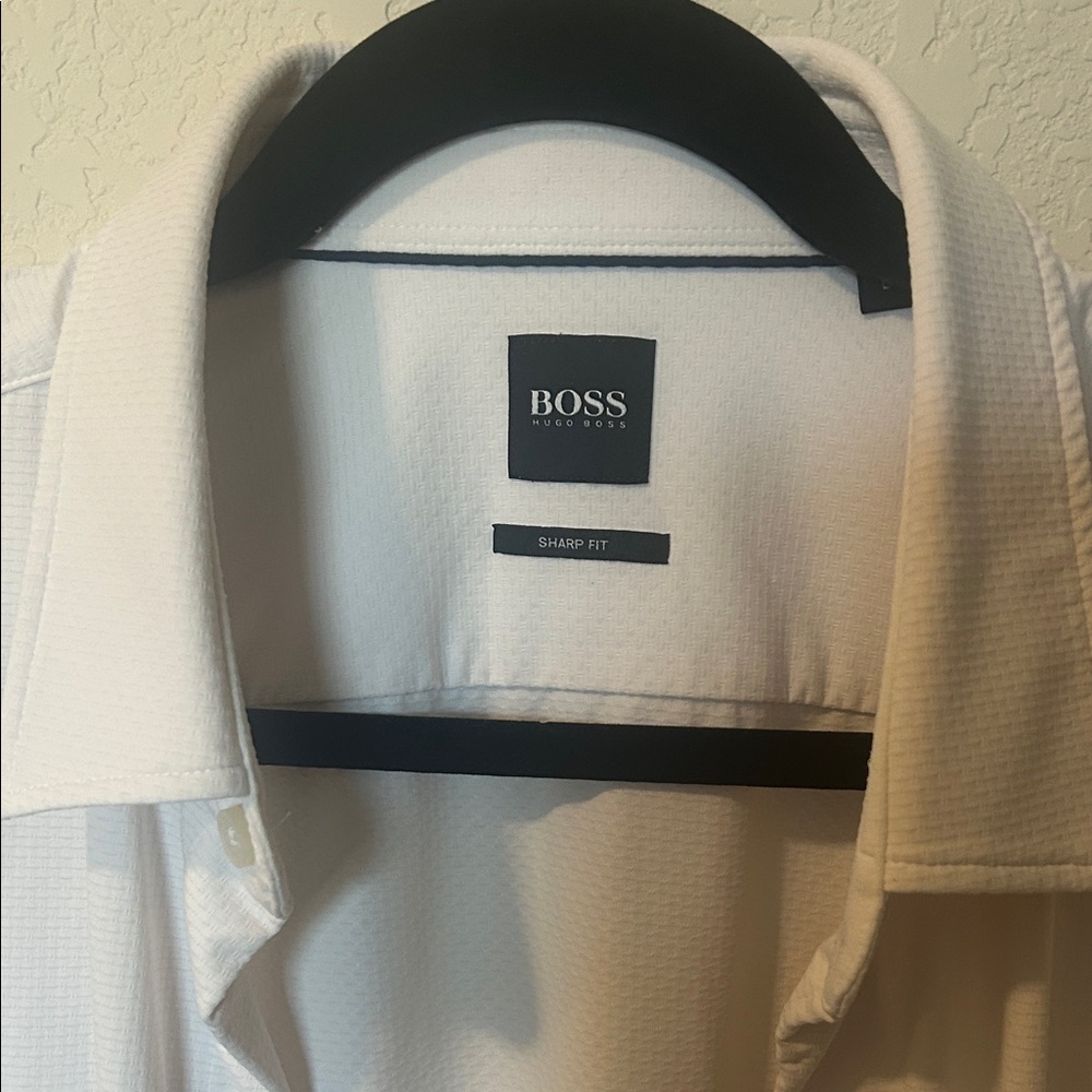 BOSS Men's White Textured Sharp Fit Dress Shirt